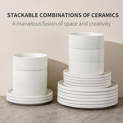 GZG Classic Series - Plates and Bowls Set for 6, 18 Piece Stoneware Dinnerware Sets, Microwave and Dishwasher Safe Lead-Free Handcrafted Ceramic Dishes Set - Ivory White