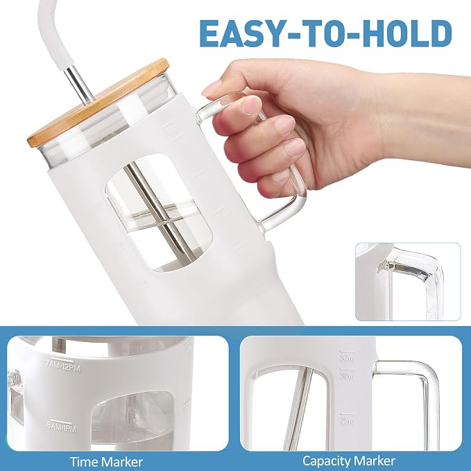 WINSA Glass Tumbler with Straw and Lid, 32 oz Glass Cup with Handle, Glass - Image 3