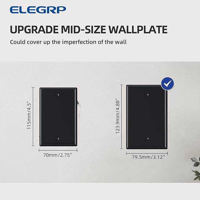 ELEGRP 1-Gang Blank Device Wall Plates, Mid-Size 4.88" H x 3.13" L Unbreakable Thermoplastic Blank Faceplate Cover for Unused Outlets/Switches, UL Listed (5 Pack, Glossy Black)