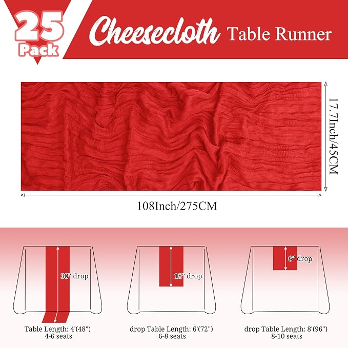 25 Pack Red Table Runner 17 x 108inch Cheesecloth Table Runner Boho Gauze Table - Image 2