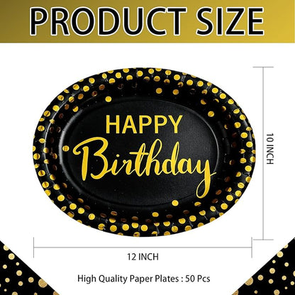 50Pcs Black and Gold Birthday Oval Paper Plates 10" x 12" Large Heavy Duty Disposable Black Gold Happy Birthday Decorations Golden Dessert Party Plate for Women Men Winter Xmas Holiday Party Supplies