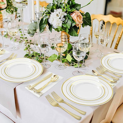 BESTVIP 50PCS 7 Inch Gold Plastic Plates, Disposable Dessert Plate with Gold Rim, Small Heavy Duty Disposable Plastic Plates for Party, Wedding and Birthday, Christmas, Thanksgiving