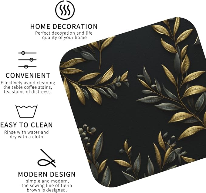 4Pcs Leather Coaster for Drinks Golden Olive Branch Cup Coasters Aesthetic - Image 3