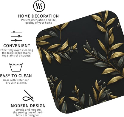 4Pcs Leather Coaster for Drinks Golden Olive Branch Cup Coasters Aesthetic - Image 3