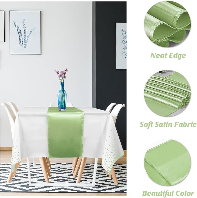 16Pack Plastic Tablecloths and Satin Table Runner Set Disposable White and Sage - Image 3