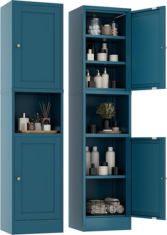 2-Door Metal Storage Cabinet, Tall Slim Pantry Organizer with 3 Adjustable Shelves (120LBS/Shelf), Anti-Tipping Waterproof Cabinet for Bathroom/Kitchen/Home Office/Small Spaces,(1PC,Blue)