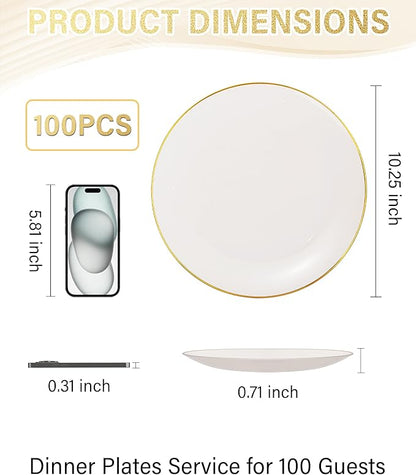 Nervure 100Pcs Ivory and Gold Plastic Plates - 10.25inch Disposable Ivory Dinner Plates - Heavy Duty Plastic Plate Ideal for Wedding & Party