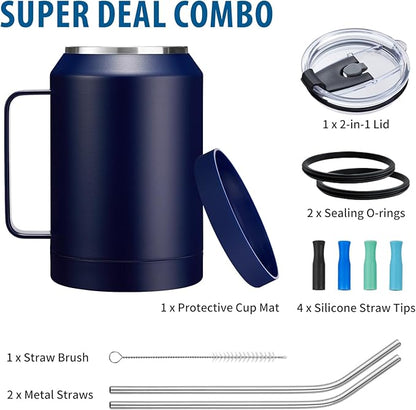 32 oz Mug Tumbler with Handle and Straw - Large Stainless Steel Coffee Cup with 2-in-1 Lid, Insulated Water Bottle Flask Jug, Metal Thermal Cup Keep Cold 36 hrs, Leakproof Proof BPA-Free