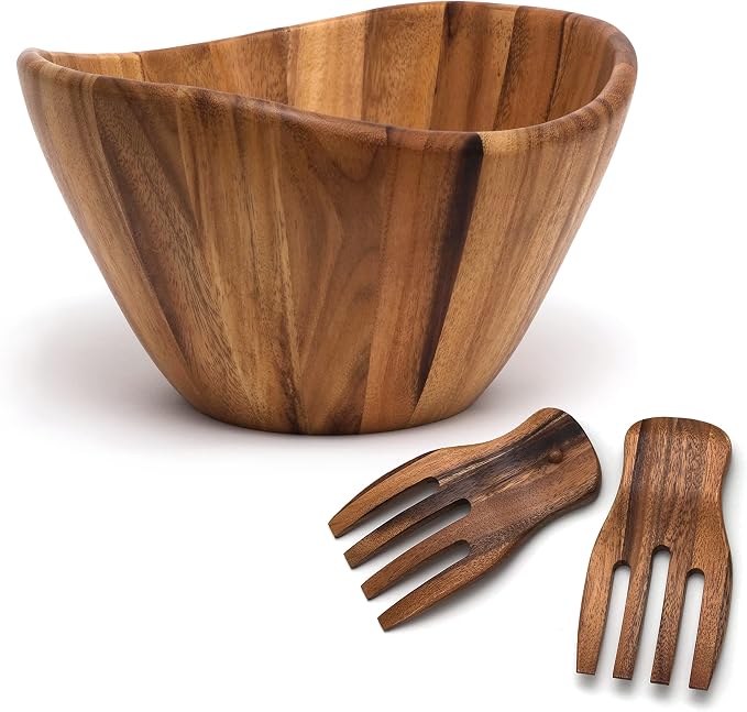 Acacia Wave Bowl with Salad Hands by LipperInternational