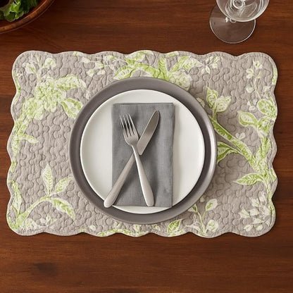 C&F Home Julia Reversible Scalloped Quilted Vintage Floral Flower Themed Jacobean Dining Tabletop Placemats Set of 6 All Seasons Spring Summer Home Kitchen Dinner Table Décor Decoration S/6 Grey &