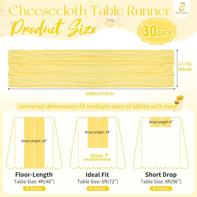 Showgeous 30 Pack Light Yellow Cheesecloth Table Runner, 17 x 108 Inches | Boho - Image 2