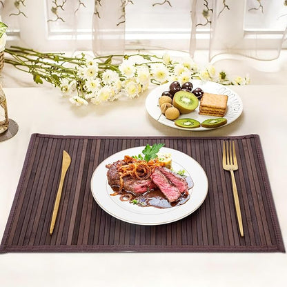 Bamboo Placemats with Fabric Border Set of 4 Natural Bamboo Rectangular Rolling Table Mats for Dining Kitchen Table Heat Resistant Table Protection Dark Brown