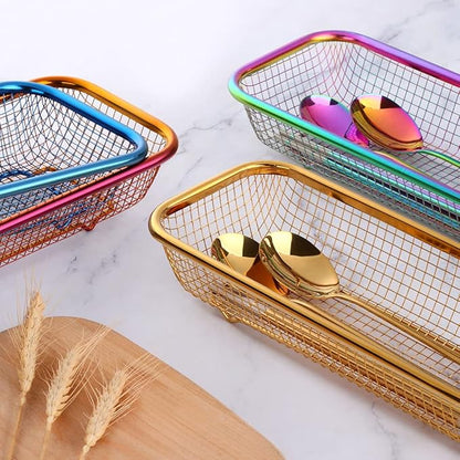 Kitchen Drawer Organizer, Stainless Steel Storage Container Metal Cabinet Storage Basket for Holding Silverware Kitchen Utensil, Pack of 2, Blue