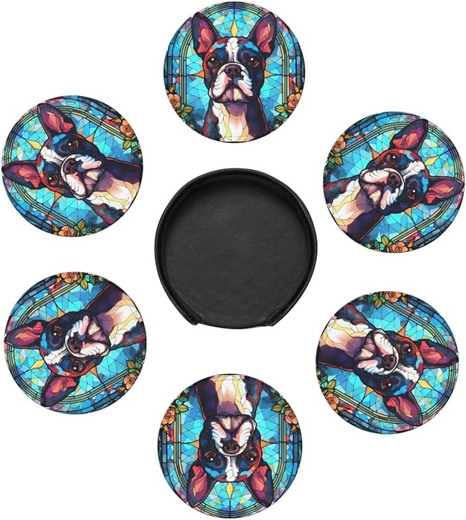 Boston Terrier Stained Dog Breed Glass Art Leather Drinks Coasters - Image 2