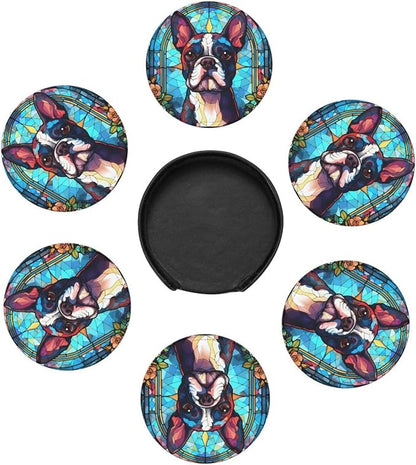 Boston Terrier Stained Dog Breed Glass Art Leather Drinks Coasters - Image 2