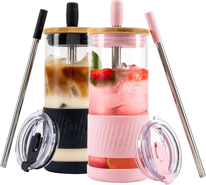 Pandaloo® Glass Cups With Lids and Straws -20 Fl Oz- Perfect Size Iced Coffee by Pandaloo