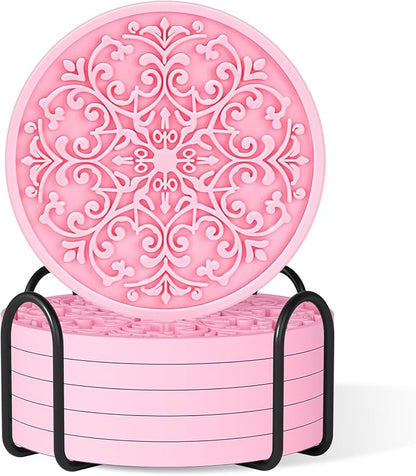Drink Coasters, Coasters Set of 6 for Cup with Holder, Non-Slip Silicone Cup Mats for Hot and Cold Drinks, Cute Absorbent Coffee Bar Accessories Table Decor, Pink