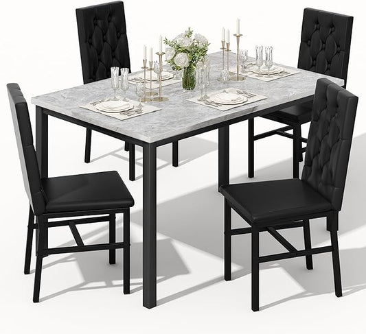 Hooseng Dining Table Set for 4, Faux Marble Small Kitchen Table Chairs Set of 4 with Luxurious Button Tufted Dinner Chairs for Kitchen and Dining (Gray)