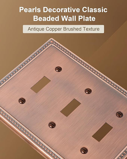 2-Pack Triple Toggle Light Switch Cover Plate, Pearls Decorative Switch Plate Covers, Antique Copper 3 Gang Metal Wall Plate, Corrosion Resistant
