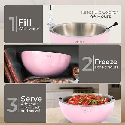 Vora 35oz Stainless Steel Chilled Serving Bowl - 1 Pack Insulated Serving Bowl with Anti Slip Base, Funnel & Plugs to Keep Dips, Salads & Appetizers Cold - Ice Bowls to Keep Food Cold for Parties