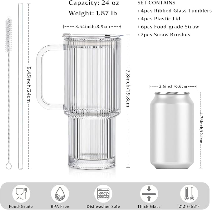INSETLAN 24 oz Ribbed Glass Tumbler - Image 2
