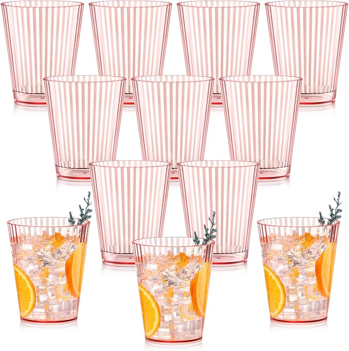 12 PCS Plastic Ribbed Drinking Glasses Pink 10oz Vintage Ripple Stemless Wine by SHIQIKEJIPTY