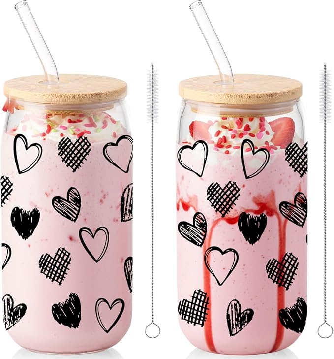 Sliner 2 Pcs Heart Glass Cups Iced Coffee Tumbler by Sliner