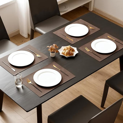 MOSAYT Vinyl Placemats Set of 6-12 X 17 Inch - Faux Leather 100% Waterproof Oil-Proof Wipeable PU Place Mats, Heat Resistant Reversible Table Mats for Kitchen, Dining, Outdoor (Brown)