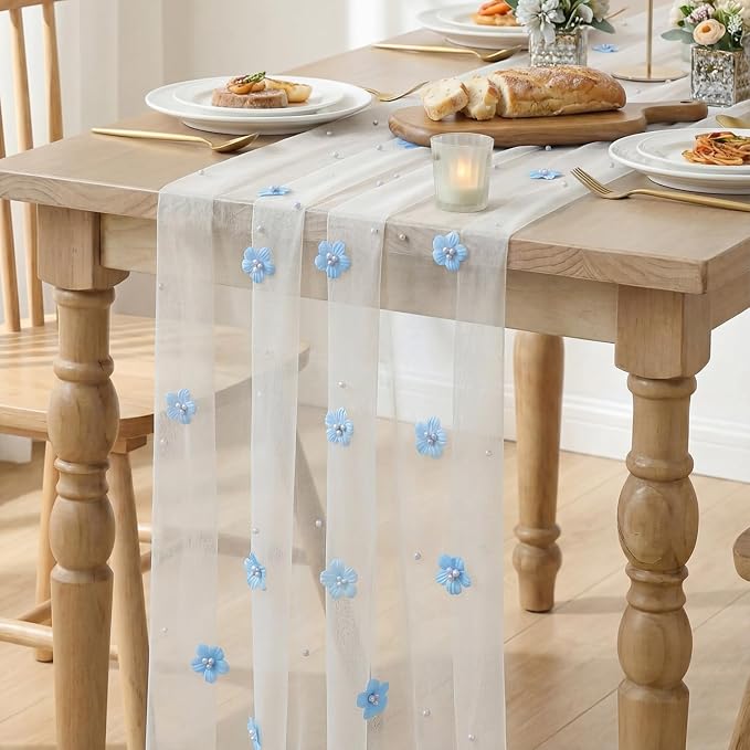 Artoid Mode Blue Flower Pearl White Gauze Table Runner 10FT, Seasonal Sheer - Image 6