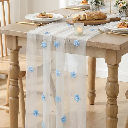 Artoid Mode Blue Flower Pearl White Gauze Table Runner 10FT, Seasonal Sheer - Image 6