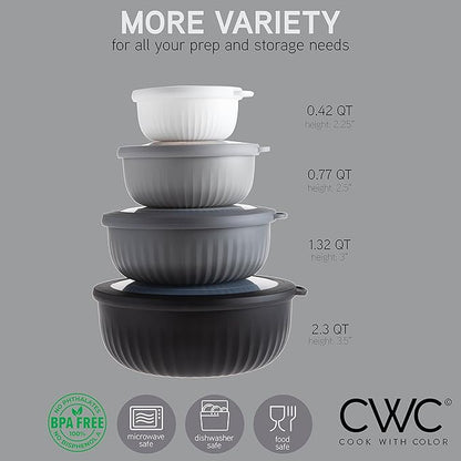 COOK WITH COLOR Prep Bowls with Lids- Wide and Deep Nesting Plastic Small Mixing Bowl Set with Lids, 8 Piece Set - Wide Bowls, Black/White