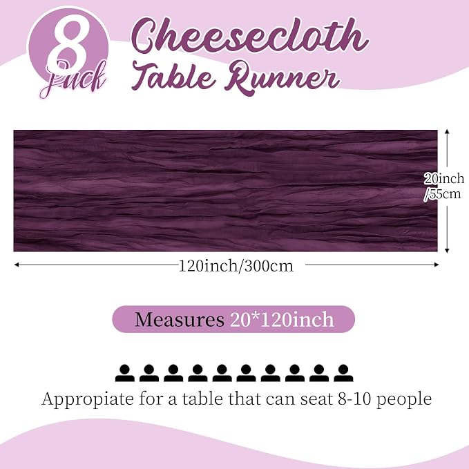 8 Pack Dark Purple Cheesecloth Table Runners 20x120 Inch Gauze Table Runner - Image 2