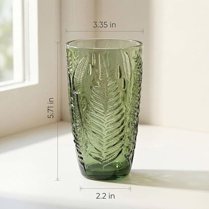 Green Drinking Glasses Set of 8, 16 oz Glass Cups, Vintage Fern Glassware | - Image 7