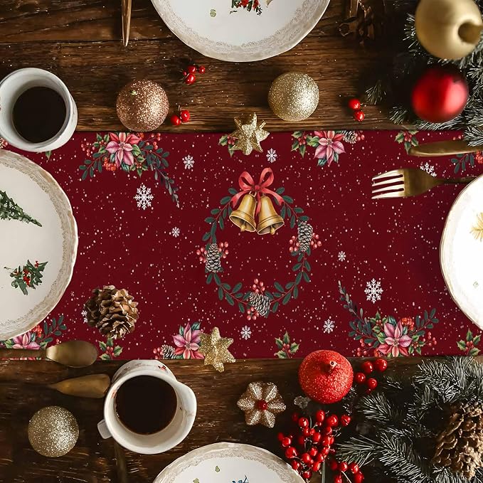 Christmas Reindeer Table Runners 108 Inches Long, Cotton Linen Fabric Red Table - Image 6