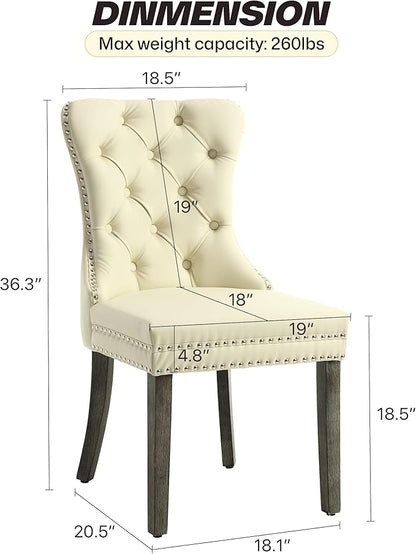 KCC Faux Leather Dining Chairs Set of 4, Upholstered High-end Tufted Dining Room Chair with Nailhead Back Ring Pull Trim Solid Wood Legs, Contemporary Nikki Collection Modern Style for Kitchen, Beige