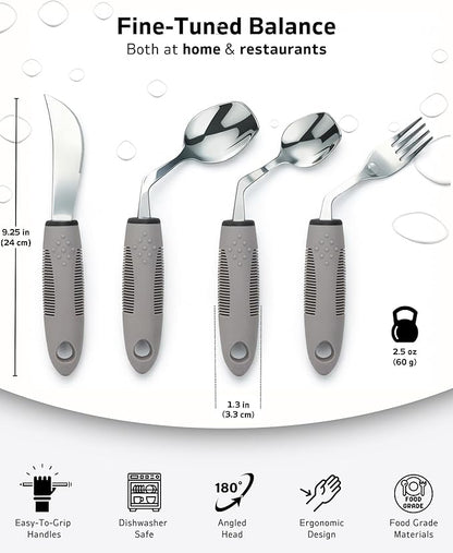 4-Piece Adaptive Utensils Set with Rocker Knife & Shovel Spoon - 42° Angled Parkinsons Utensils, 2.5 oz Weighted Silverware for Hand Tremors and Arthritis, Adaptive Eating Utensils (Grey Left-Handed)