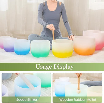 432HZ 6-12 Inch 7 Pcs Gradient Frosted Crystal Singing Bowl Set for Meditation Healing Yoga Chakra Quartz Crystal Sound Bowls with Heavy Duty Carry Cases and Rubber Mallet,Suede Striker,O-rings