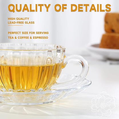 Glass Tea Cups and Saucers Set of 6, Dishwasher & Microwave Safe Teacups - Image 8