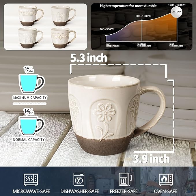 Artena Ceramic Coffee Mugs Set of 4, 16oz Embossed Large Latte Mugs Coffee Cups - Image 2