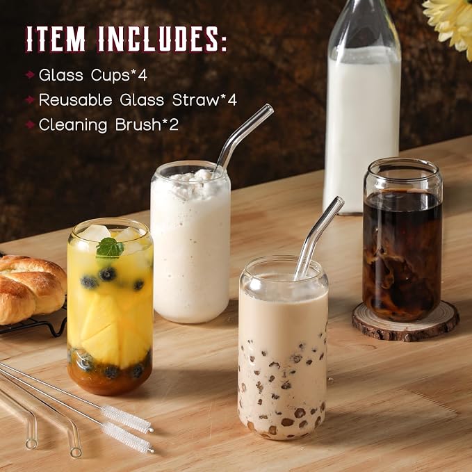 NETANY Drinking Glasses with Glass Straw 4pcs Set - 16oz Highball Glass Cups - Image 2