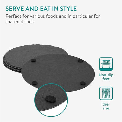 Navaris Slate Plates - Food Contact Safe Black Stone - Cheese Platter Serving Charcuterie Boards - Round Slate Tray Slab Plate Cheese Board - Set of 4 11" Plates (28 cm)