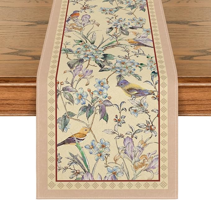 Artoid Mode Beige Birds Floral Blossom Table Runner, Seasonal Flowers Spring by ArtoidMode
