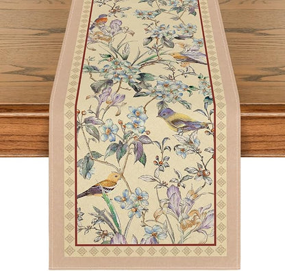 Artoid Mode Beige Birds Floral Blossom Table Runner, Seasonal Flowers Spring by ArtoidMode