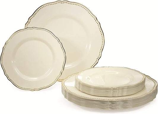 " OCCASIONS " 50 Plates Pack (25 Guests)-Heavyweight Wedding Party Disposable Plastic Plate Set -25 x 10.25'' Dinner + 25 x 7.5'' Salad/dessert plates (Rochelle Ivory and Gold)