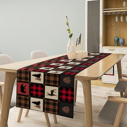 Rustic Bear Table Runner, Vintage Cottage Country Style Pine Tree Elk Wildlife - Image 2