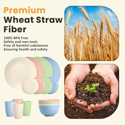Homienly Premium Dinnerwave Sets, Lightweight & Unbreakable Wheat Straw Dish Set - Plates and Bowls Set with Cups, 16 PCS Microwave and Dishwasher Safe Dinnerware Set - Multi Light
