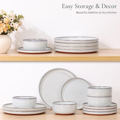 E-far Stoneware Dinnerware Sets for 6, 18 Pieces Reactive Glaze Plates and Bowls Sets, Elegant Dishes with Rustic Terracotta Clay Base, Dishwasher & Microwave Safe, Scratch Resistant, Glacier White