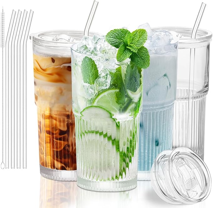 Luiaiog 18.5oz Glass Cups with Lids and Straws by Luiaiog