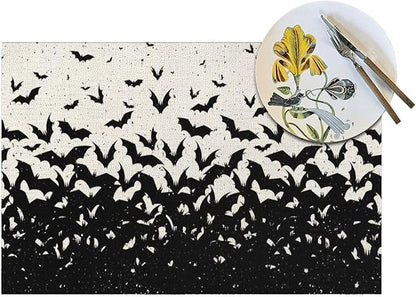 Halloween Placemats 12x18 Inches Set of 4,Black Bat Decorative Autumn Halloween Decoration Rectangle Black Linen Table Mats for Party Home Kitchen Dining Table Decoration