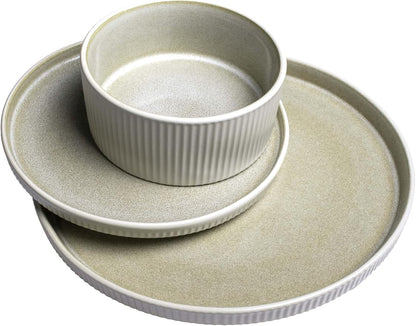 Sango 12 Pieces Stoneware Fluted Dinnerware Set, Modern Cream Dishes for 4, Premium Serving Plates and Bowls Sets, Chip & Scratch Resistant, Ceramic Kitchen Dish, Microwave & Dishwasher Safe, Anderson